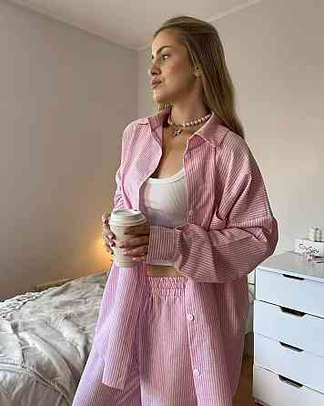 Женский стильный повседневный костм двойка лен- коттон полоска Розовый, 46/48 Одесса