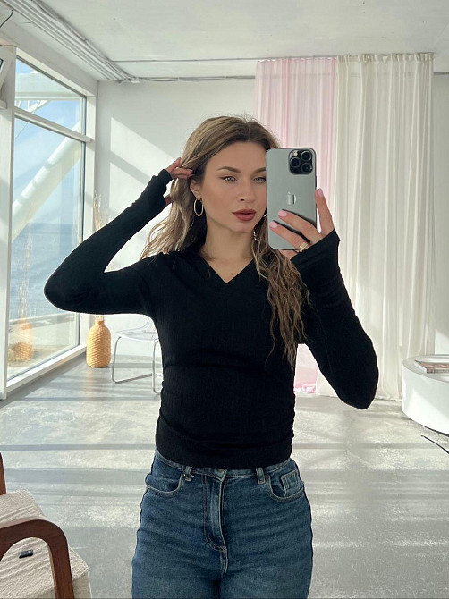 Жіночий стильний лонгслів "поло" з коміром Чорний, 42/44 Одеса - фото 2