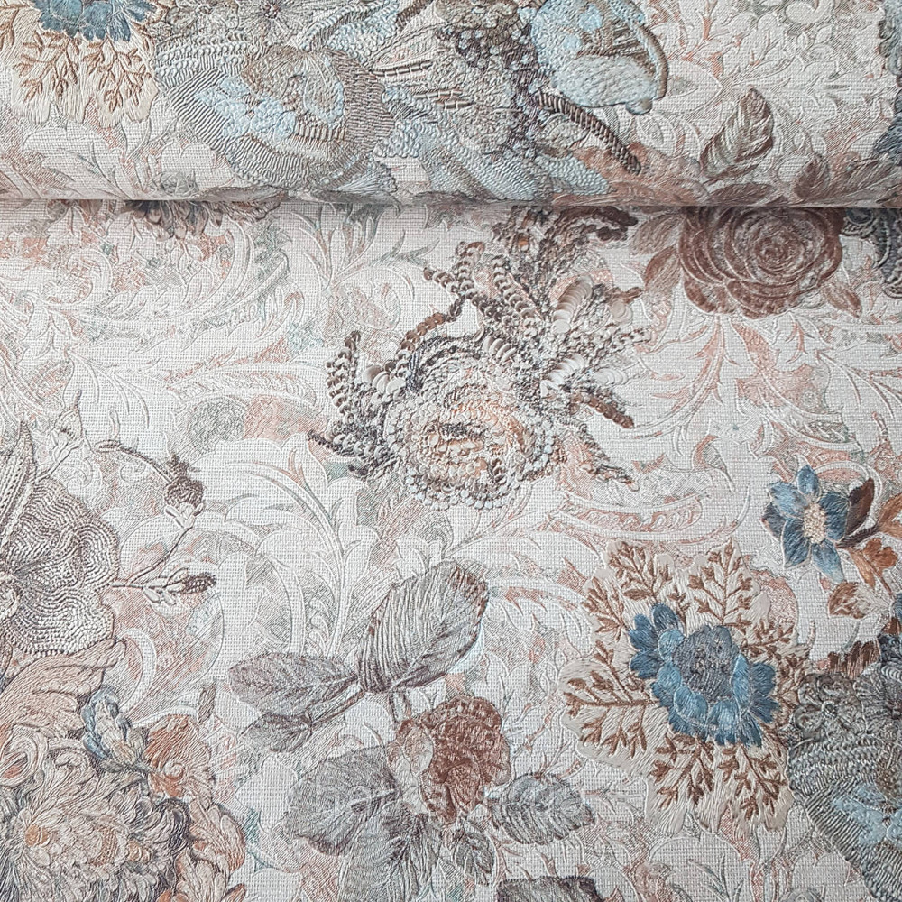 Шпалери метрові вінілові на флізелін Yuanlong Samsara бароко квіти вензель бірюзові коричневі на бежевому Київ - фото 2