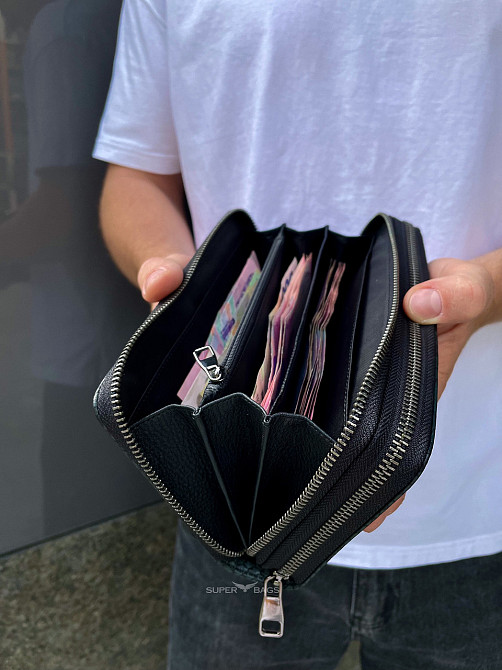 Місткий чоловічий клатч на два відділення з натуральної шкіри з тисненням під рептилію MC Коричневий Зелений Київ - фото 3