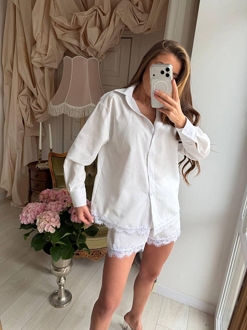 Женский стильный летний льняной костюм с кружевом Молочный, 48/50 Одесса - изображение 5