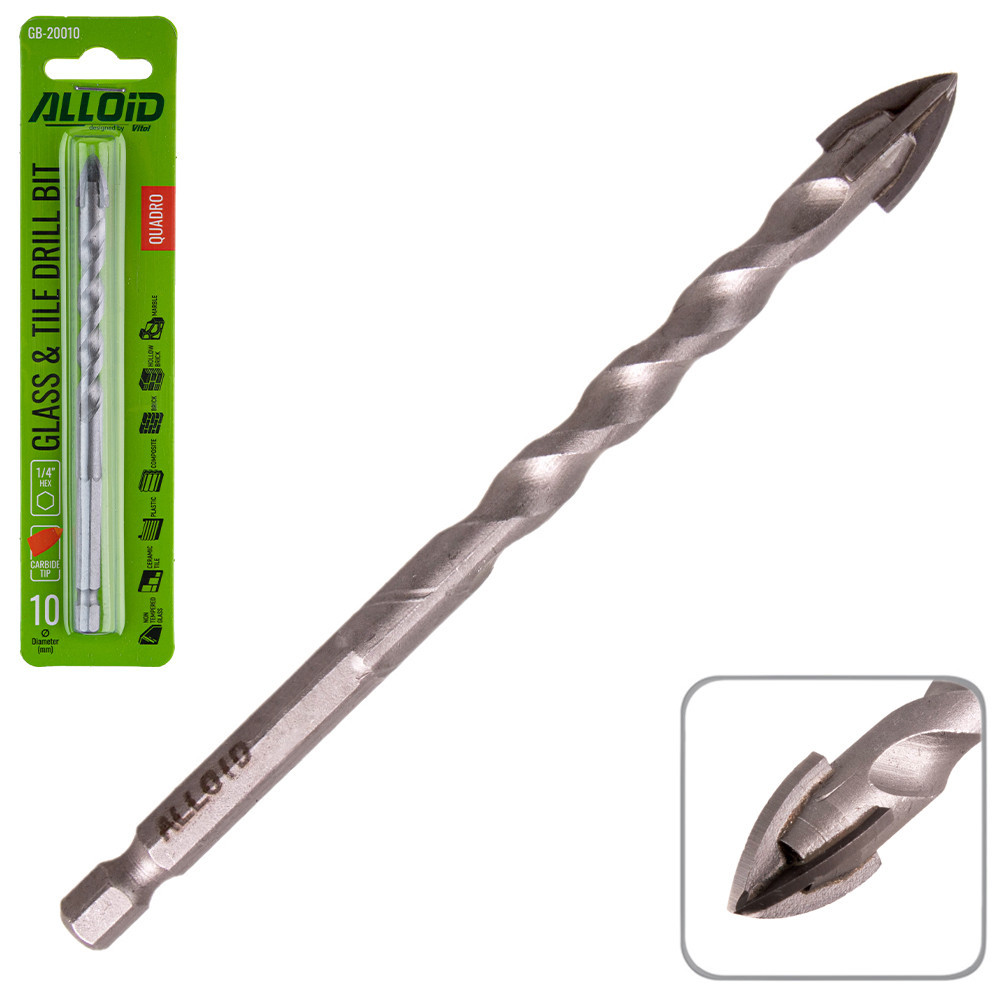 Свердло по скло та кераміці QUADRO 10мм, хвостовик HEX 1/4&quot; Alloid, L= 95mm GB-20010 Вінниця - фото 1