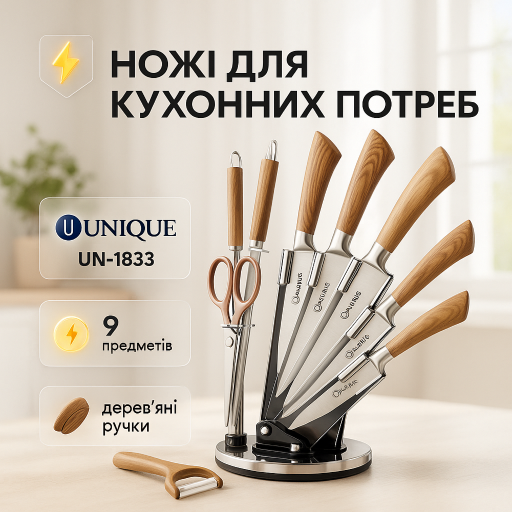 Кухонный нож из нержавеющей стали металлический UNIQUE, Набор ножей резаков, Бюджетные кухонные ножи DG-73 Львов - изображение 14