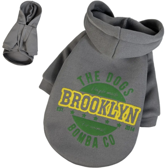 Толстовка для собак малих і середніх порід на флісі з принтом Brooklyn з капюшоном на кнопках сіра Одеса
