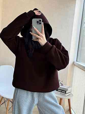 Женское стильное оверсайз худи из турецкой тринитки на флисе Шоколад Одесса