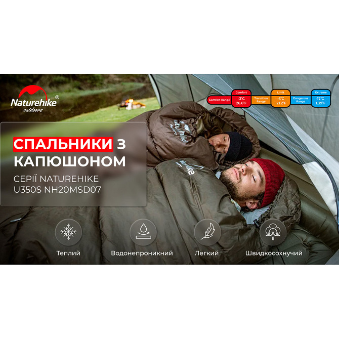 Спальник з капюшоном Naturehike U350S NH20MSD07, (-3°C), лівий, темно-зелений Київ - фото 7