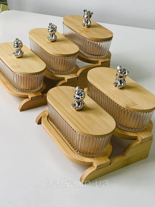 Набір для зберігання "Два ведмедя" скляна з бамбуковою кришкою та підставкою 350 мл Київ - фото 5