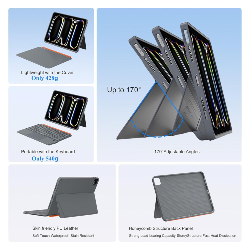 Чохол-клавіатура WIWU iPad Pro 11" (M4/M5 2024/2025) Сірий 3в1 Bluetooth QWERTY підсвітка трекпад регульована підставка Київ - фото 3