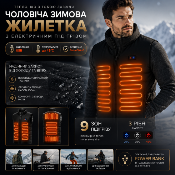 Чоловіча зимова жилетка з електричним USB підігрівом та 3 рівнями нагріву, чорний жилет для походів та кемпінгу Київ