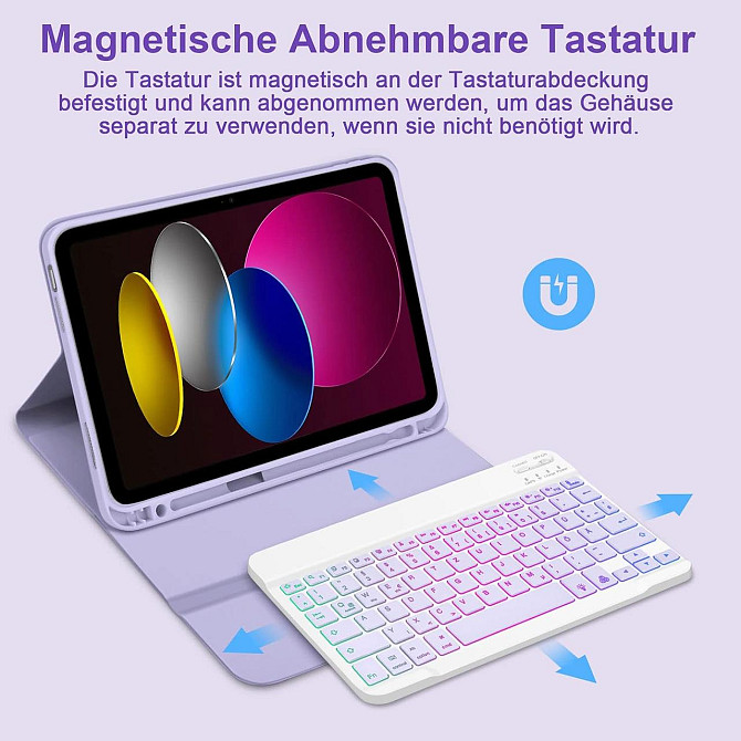 Чохол з клавіатурою для iPad 10 (10.9” 2022), iPad A16 11” (2025) QWERTZ знімна Bluetooth-клавіатура з підсвічуванням, лавандовий Київ - фото 4