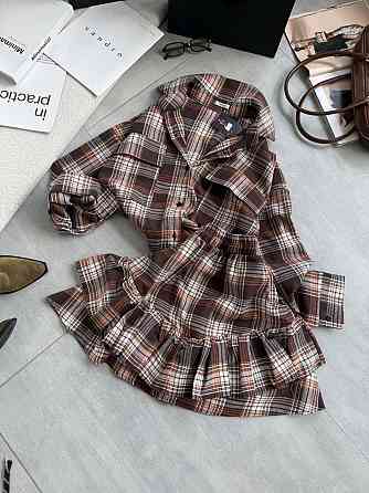 Женский костюм двойка: рубашка и юбка в клетку фланель Коричневый Одесса