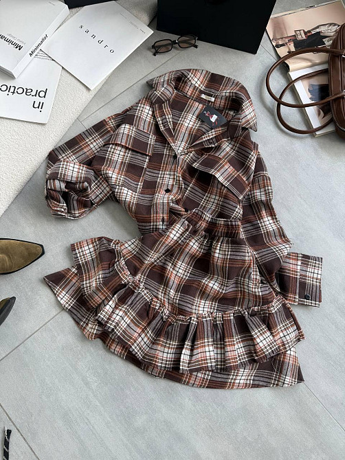 Женский костюм двойка: рубашка и юбка в клетку фланель Коричневый Одесса - изображение 1