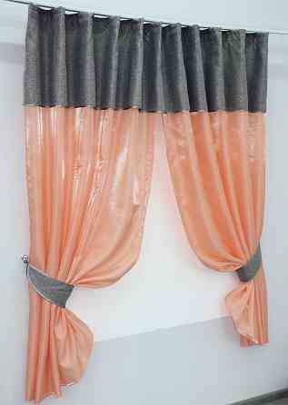 Кухонные шторы VR-Textil № 073к с ламбрекеном и подхватами персиковый с серым 270х170 см (52-0217) Киев