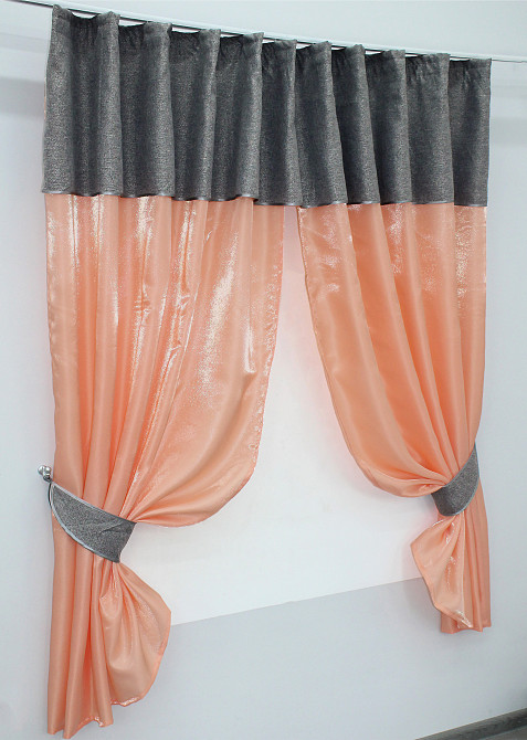 Кухонные шторы VR-Textil № 073к с ламбрекеном и подхватами персиковый с серым 270х170 см (52-0217) Киев - изображение 2