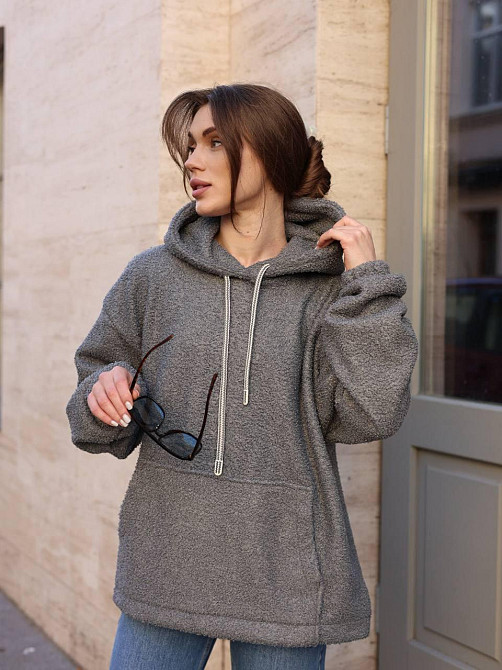 Жіноче затишне худі оверсайз шерпа на велюрі Графіт Одеса - фото 5