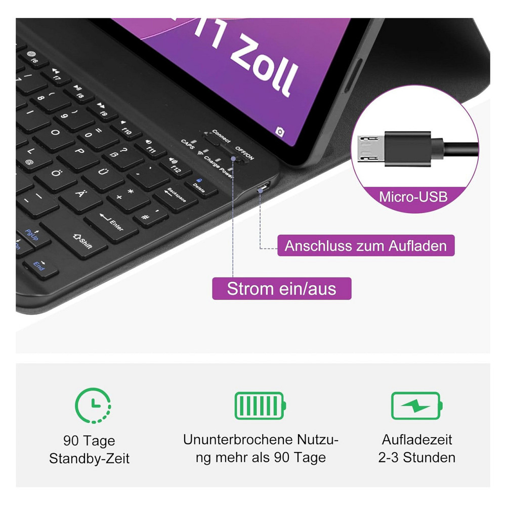 Чохол-клавіатура TENGWUDZ для Lenovo Tab M11 TB330FU TB330XU 11 дюймів чорний шкіряний Bluetooth знімна QWERTZ Київ - фото 3
