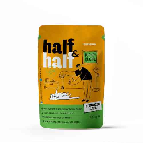 Корм влажный Half&Half для стерилизованных кошек, кусочки с индейкой в желе в форме пауча, 100 г Киев