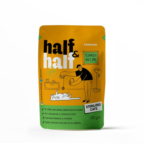 Корм влажный Half&Half для стерилизованных кошек, кусочки с индейкой в желе в форме пауча, 100 г Киев - изображение 1