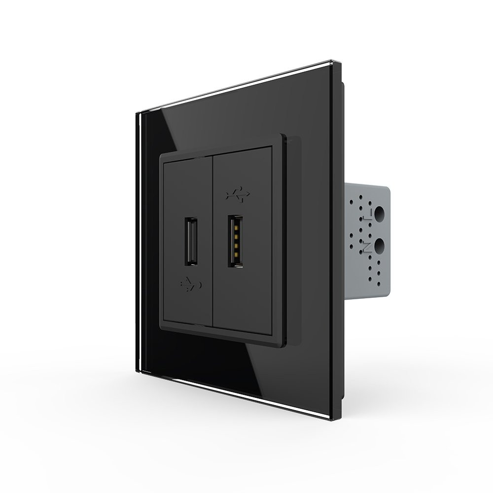 Розетка подвійна USB з блоком живлення LIVOLO чорна матова скло Коломия - фото 7