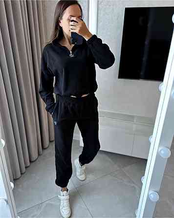 Жіночий теплий прогулянковий костюм: світшот і штани фліс Чорний, 48/50 Одеса