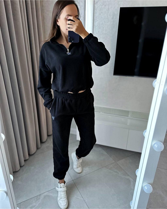 Жіночий теплий прогулянковий костюм: світшот і штани фліс Чорний, 48/50 Одеса - фото 1