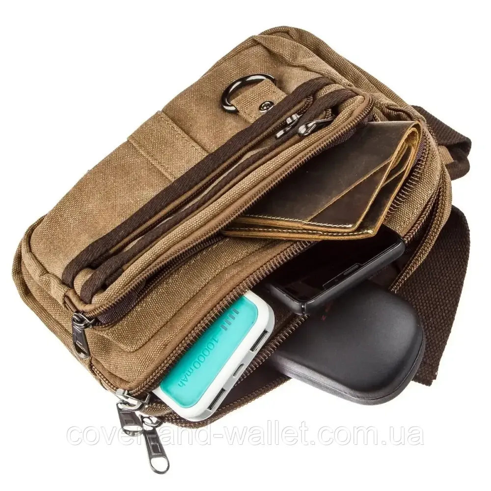 Мужская сумка-бананка на молнии из текстиля коричнего цвета Puos 20160 Киев - изображение 5