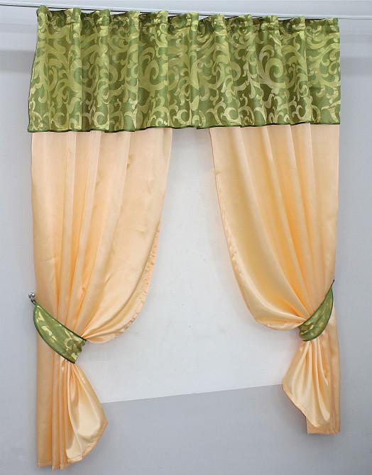 Кухонные шторы VR-Textil № 073к с ламбрекеном и подхватами персиковый с салатовым 270х170 см (52-0191) Киев - изображение 2