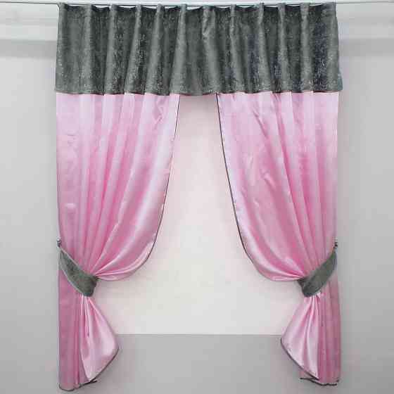 Кухонні штори VR-Textil № 073к з ламбрекеном і підхватами рожевий із графітовим 290х170 см (52-0208) Київ