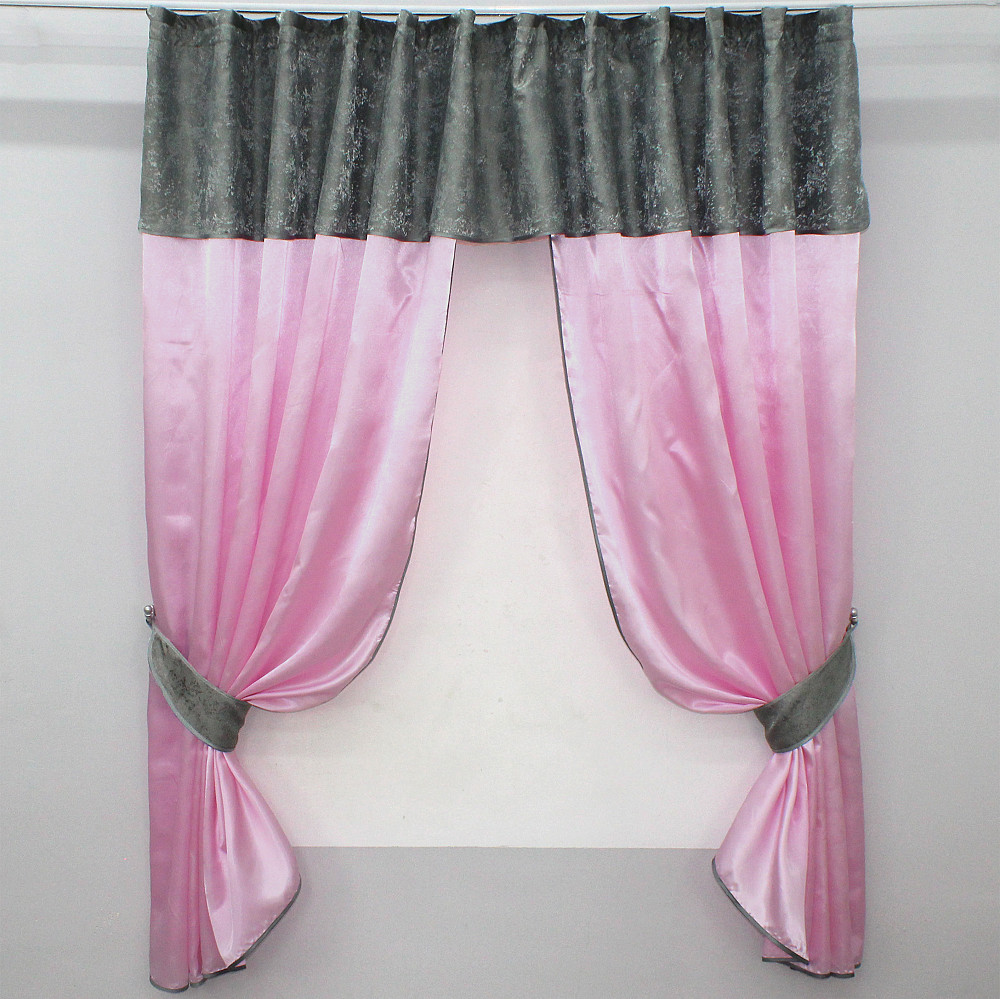 Кухонні штори VR-Textil № 073к з ламбрекеном і підхватами рожевий із графітовим 290х170 см (52-0208) Київ - фото 1