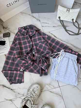 Женский повседневный костюм двойка: рубашка в клетку и штаны фланель + двунитка Серый 2, 48/52 Одесса