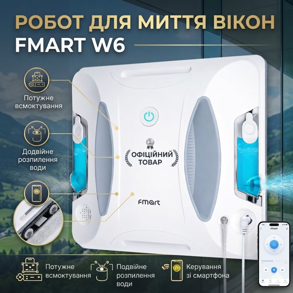 Робот для мойки окон FMART W6 3800 Па с двусторонним ультразвуковым распылением, управлением через приложение, AI-навигацией Киев - изображение 9