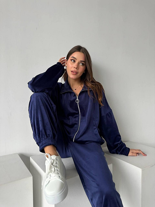 Жіночий прогулянковий костюм-двійка: кофта та штани з турецького велюру Синій, 46/48 Одеса - фото 7