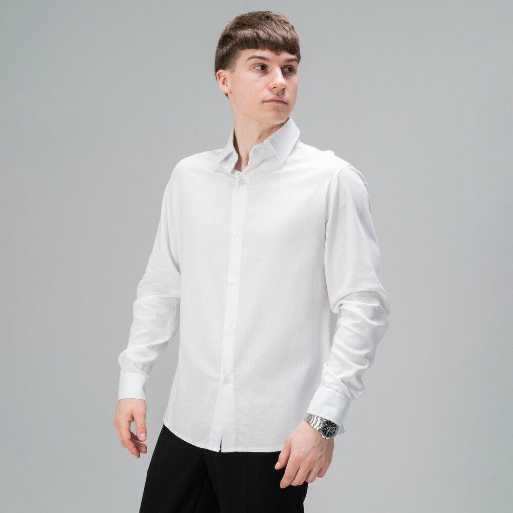 Чоловіча лляна сорочка на ґудзиках Slavni Basset біла: класична сорочка з натурального льону XL Одеса - фото 1