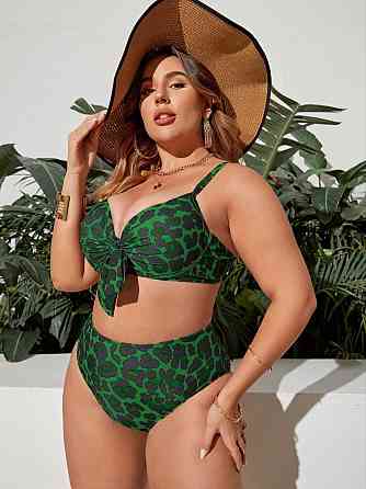 Женский раздельный купальник бикини Plus Size с высокими плавками зеленый леопардовый 4XL Киев