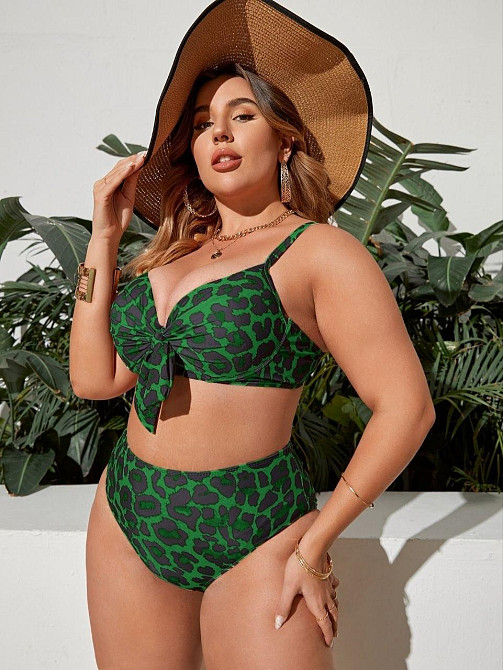 Жіночий роздільний купальник бікіні Plus Size з високими плавками зелений леопардовий 4XL Київ - фото 3