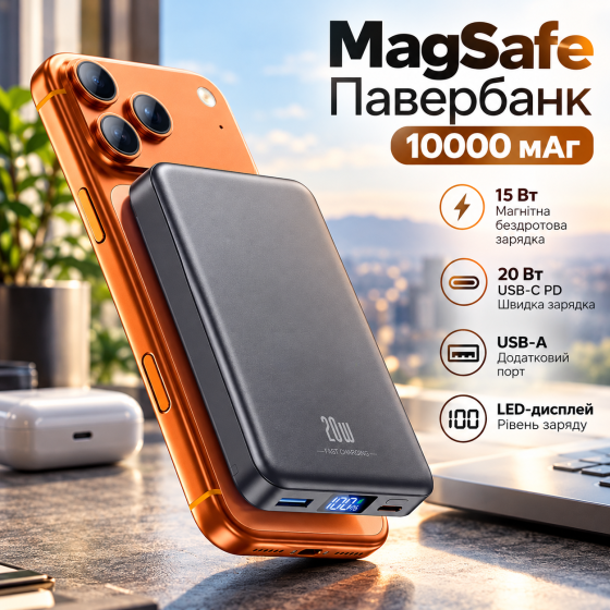 Повербанк MagSafe 10000 мАч, магнитная беспроводная зарядка 15 Вт, USB-C PD 20 Вт, USB-A, LED-дисплей, серый Киев