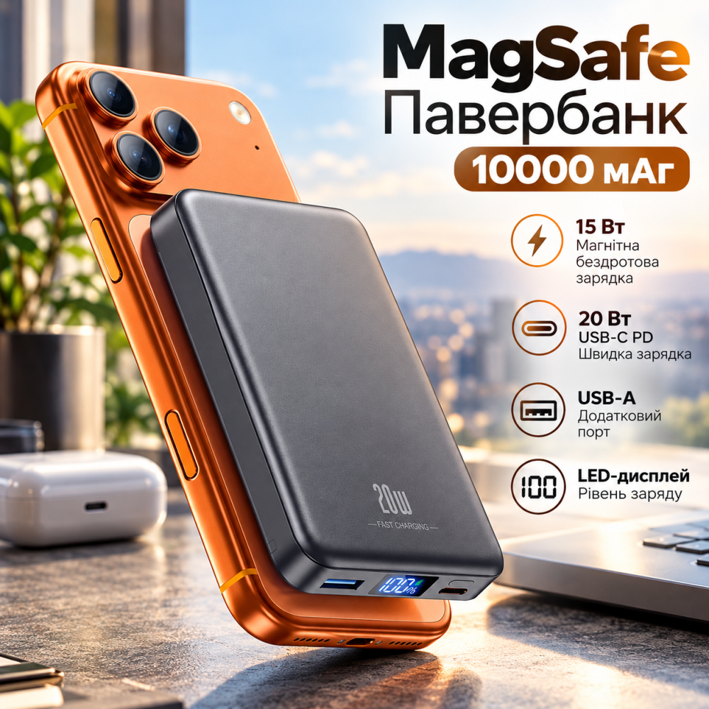 Повербанк MagSafe 10000 мАч, магнитная беспроводная зарядка 15 Вт, USB-C PD 20 Вт, USB-A, LED-дисплей, серый Киев - изображение 1