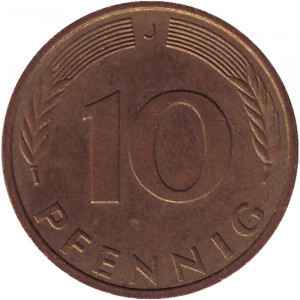 Дубове листя. Монета 10 пфенігів. 1948-89 рік (J), ФРН..(Р) Полтава - фото 1