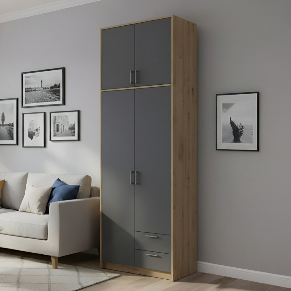 Шкаф для одежды Doros Ронди с высокой антресолью Дуб Артизан/Графит 2 ДСП 82х52х260 (DRS-011870) Днепр - изображение 1