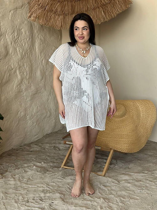 Пляжна туніка жіноча великого розміру накидка на купальник PLUS SIZE ажурна коротка вільного крою біла Одеса - фото 19