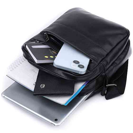 Класична чоловіча сумка месенджер із глянсової натуральної шкіри Чорна (SHVIGEL) Київ