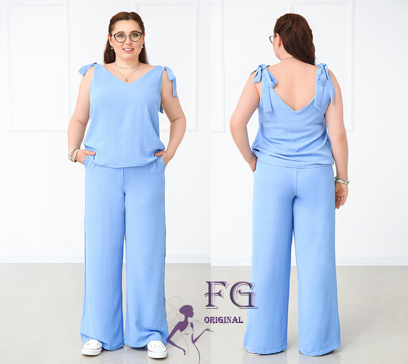 Летний женский костюм с широкими брюками Ясмин батал 52, Голубой Киев - изображение 1