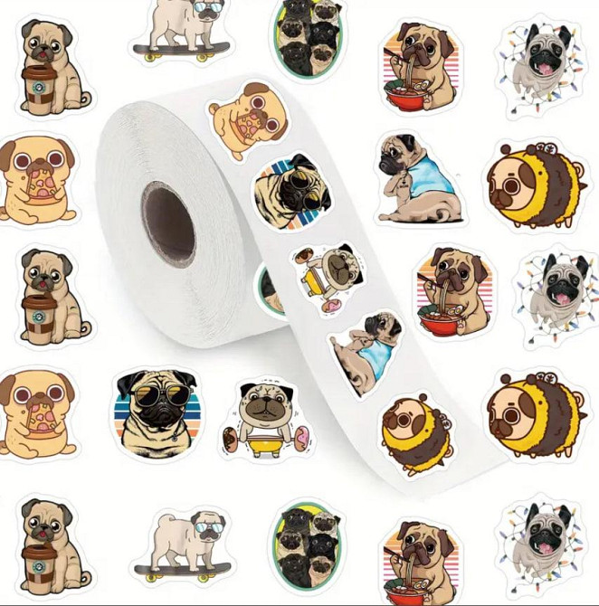 Рулон наклеек мопсы – 500 шт ярких стикеров для декора Киев - изображение 1