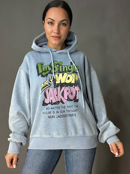 Худи женский A-N 25040 удлиненный оверсайз с капюшоном вареный дай цветная надпись впереди one size, голубой, one size Киев - изображение 16