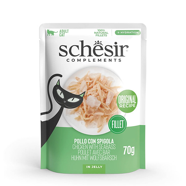 Schesir Chicken with Seabass ШЕЗІР КУРЯЧЕ ФІЛЕ З МОРСЬКИМ ОКУНЕМ в желе вологий корм консерви для котів, пауч 70г Київ - фото 1