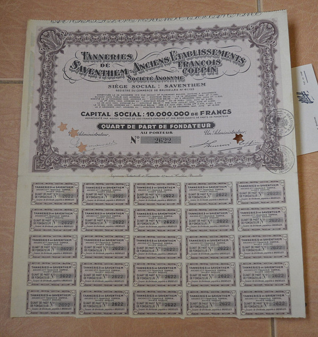 Акция.Tanneries de Saventhem - Anciens.... Бельгия. 1941 год №2622 (1.100) Полтава - изображение 1