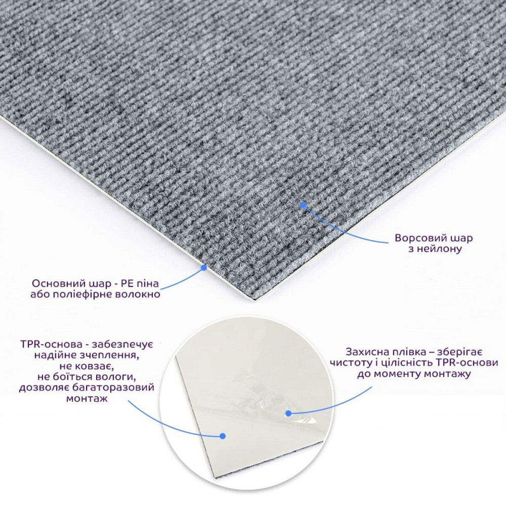 Плитка ковролінова з TPR основою багаторазова сіра 600х600х4мм SW-00002800 Київ - фото 2