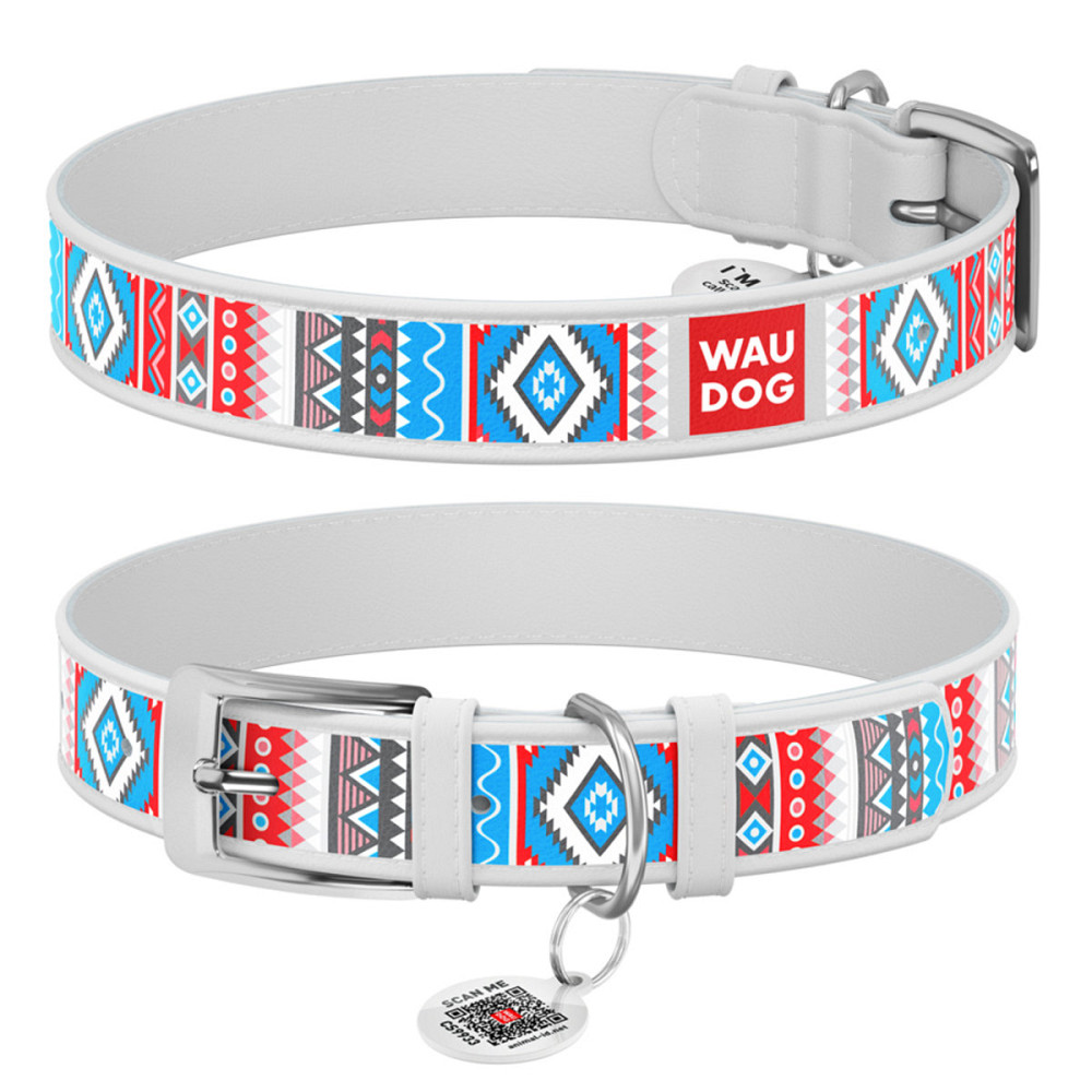 Нашийник для собак шкіряний WAUDOG Design з QR паспортом, малюнок "Етно", L, Ш 25 мм, Дов 38-49 см білий Київ - фото 1