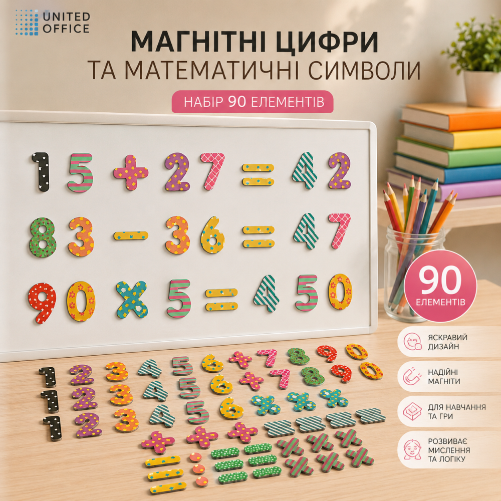 Набір магнітних цифр та математичних символів United Office «Арифметика», 90 елементів, для навчання дітей Київ - фото 6