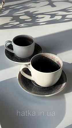 Набір чайний 4 чашки + 4 блюдця Olens "Інтерстелар" 300 мл кераміка біло-чорна для дому ресторану Київ